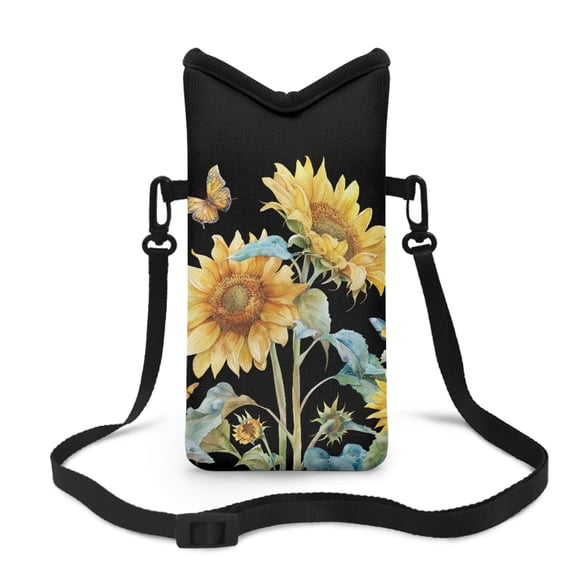 ZIATUBLES Universal Neoprene Phone Purse Small Crossbody Cellphone Sleeve Pouch with Adjustable Strap Shockproof Phone Bag, 4 X 8 Inch, Sunflower Butterfly Black