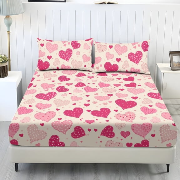 ZIATUBLES Valentine's Day Queen Size Sheet Set, Breathable Durable Cooling Polyester Spandex Bedding for Bedroom, 3 Pcs Bed Sheets Set - 1 Fitted Sheet, 2 Pillowcases (Beige Pink Love Heart, Queen)