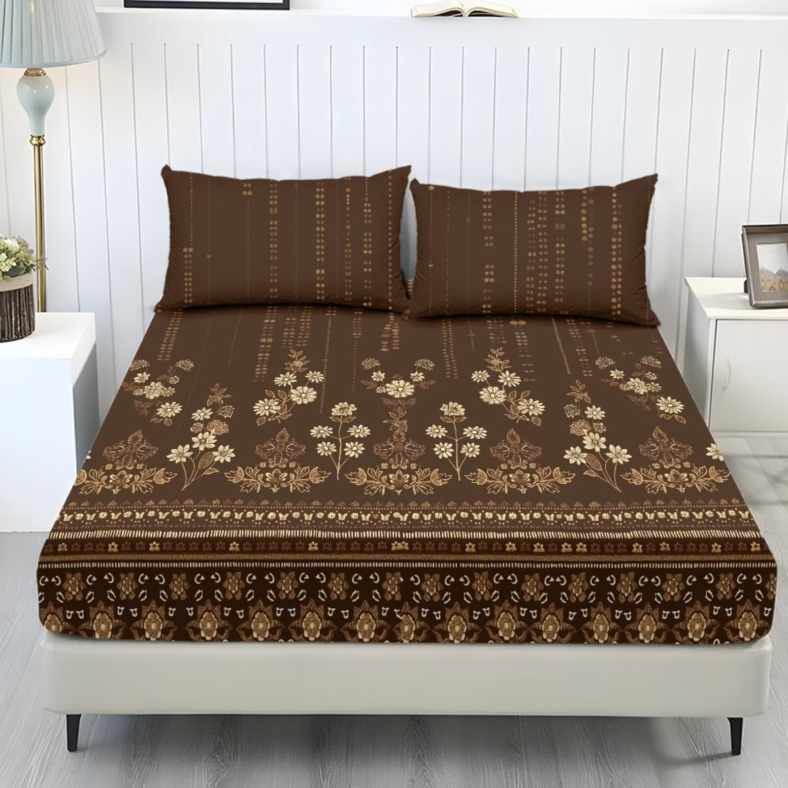 Sheets King Pattern Spring ZIATUBLES Vintage Brown Floral Print King Size Sheet Set 3 Pcs, 1 ...