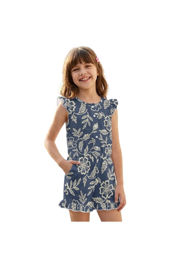 Vintage Floral Print Girls Summer Short Jumpsuits Flutter Sleeves One-Piece Romper Soft Comfort Kids Casual Playsuit with Pockets for 13-14 Y