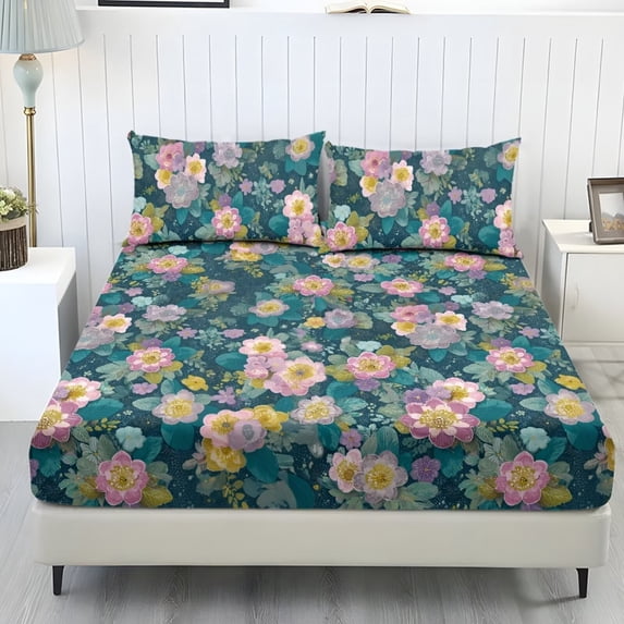 ZIATUBLES Vintage Floral Print King Size Sheet Set 3 Pcs, 1 Fitted Sheet and 2 Pillowcases, Soft Bed Sheets with Elasticized 9.8" Pocket Breathable Comfy Cooling Bedding Set