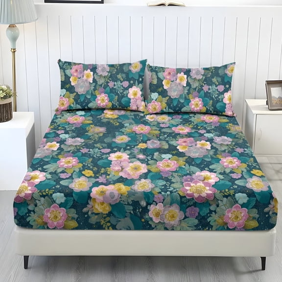 ZIATUBLES Vintage Floral Print Twin Size Sheet Set 3 Pcs, 1 Fitted Sheet and 2 Pillowcases, Soft Bed Sheets with Elasticized 9.8" Pocket Breathable Comfy Cooling Bedding Set