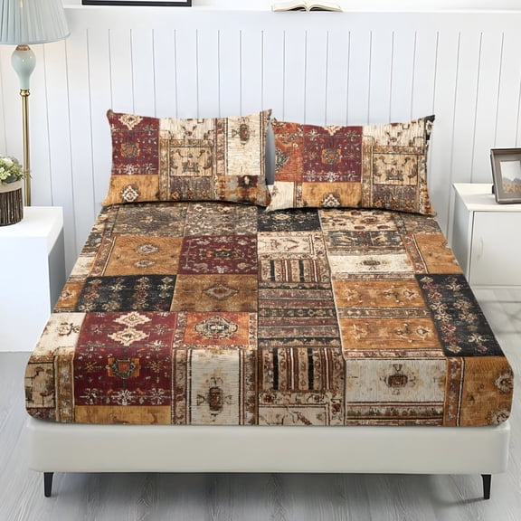 ZIATUBLES Vintage Patchwork Twin Bed Sheet Set, Easy Care Cooling Bedding with Elasticized 9.8" Pocket, 3-Piece Sheet and Pillowcase Set for Twin Size Bed, Bedroom Decor Accessory