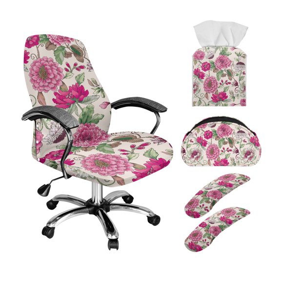 ZIATUBLES Vintage Rosy Floral Office Chair Cover with Armrest Covers, 5 Compartments Remote Control Holder and PU Leather Tissue Box Cover, 5 Piece Home Office Decor Accessories Set, S