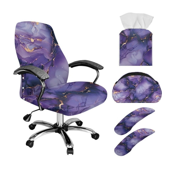 ZIATUBLES Violet Marble Print 5 Piece Office Chair Protector Set Includes Elastic Chair Cover Armrest Slipcovers, PU Leather Remote Control Holder and Square Tissue Box Cover, L