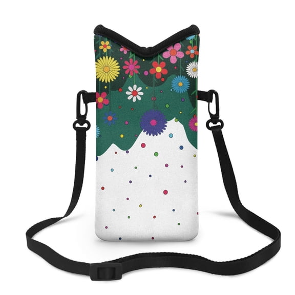 ZIATUBLES Water Resistant Purse Portable Cellphone Bag Neoprene Stylish Phone Pouch with Adjustable Crossbody Strap with Hook Loop Fastener, 4 X 8 Inch, Hippie Flower Green White Dot