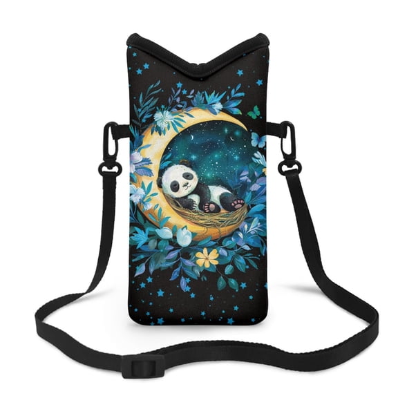ZIATUBLES Water Resistant Purse Portable Cellphone Bag Neoprene Stylish Phone Pouch with Adjustable Crossbody Strap with Hook Loop Fastener, 4 X 8 Inch, Moon Flower Branch Panda