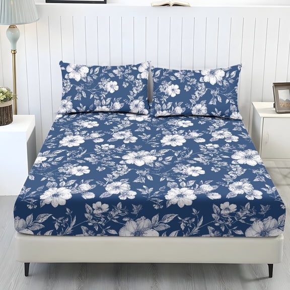 ZIATUBLES White Flower Twin Size Sheet Set 3 Pcs, 1 Fitted Sheet and 2 Pillowcases, Blue Bed Sheets with Elasticized 9.8" Pocket Soft Comfy Cooling Bedding Set