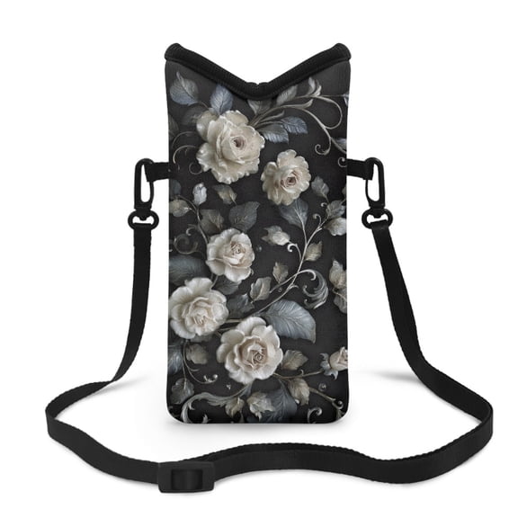 ZIATUBLES White Rose Print Universal Neoprene Cell Phone Pouch Stylish Mobile Protection Case Bag with Large Top Opening, Hook and Loop Fastener Cellphone Crossbody Purse, 4 X 8 Inch