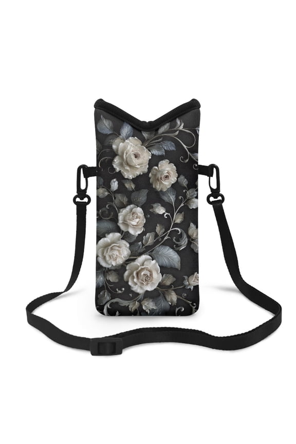 White Rose Print Universal Neoprene Cell Phone Pouch Stylish Mobile Protection Case Bag with Large Top Opening, Hook and Loop Fastener Cellphone Crossbody Purse, 4 X 8 Inch