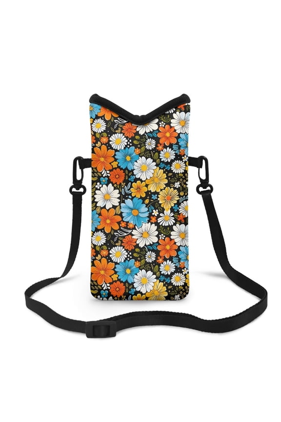 Women Men Cell Phone Crossbody Bag Protective Phone Bag with Hook and Loop Fastener Soft Shock Absorbing Pouch Case, 4 X 8 Inch, Hippie Flower Black