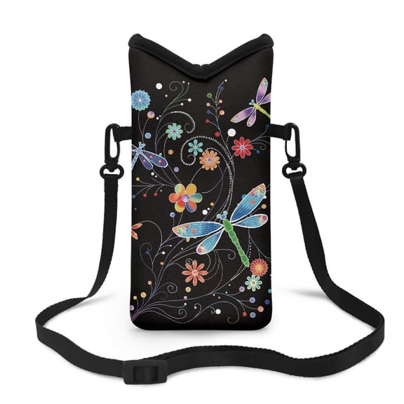 ZIATUBLES Women Men Small Crossbody Bag Portable Cellphone Purse Protective Phone Bag with Hook and Loop Fastener Soft Shock Absorbing Pouch Case, 4 X 8 Inch, Dragonfly Flower Black