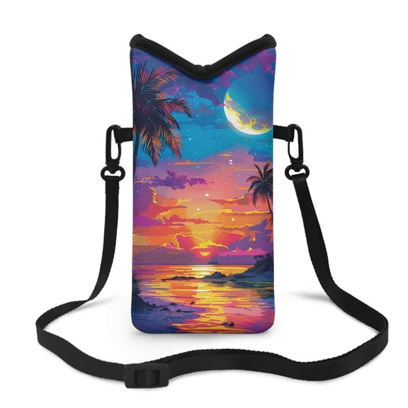 ZIATUBLES Women Men Small Crossbody Cell Phone Bag Stylish Mini Mobile Case Bag with Adjustable Carrying Strap, Hook and Loop Fastener, 4 X 8 Inch, Sunset Beach Moon Palm Tree