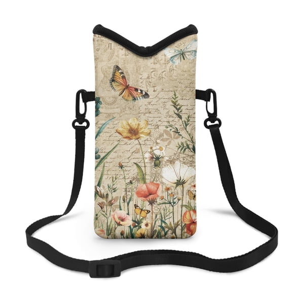 ZIATUBLES Women Men Small Crossbody Cell Phone Sleeve Pouch Stylish Mini Mobile Case Bag Hook and Loop Fastener Shockproof Phone Bag, 4 X 8 Inch, Vintage Letterhead Butterfly Floral