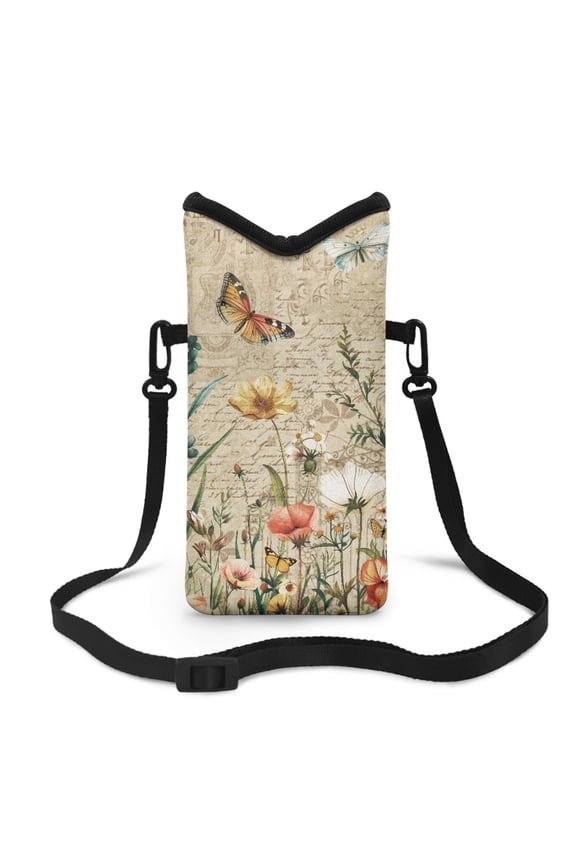 Women Men Small Crossbody Cell Phone Sleeve Pouch Stylish Mini Mobile Case Bag Hook and Loop Fastener Shockproof Phone Bag, 4 X 8 Inch, Vintage Letterhead Butterfly Floral