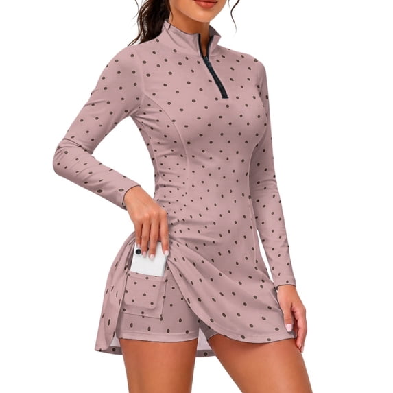 ZIATUBLES Women's Long-Sleeve Athletic Dress, Quarter-Zip Golf Tennis Dress with with Shorts, Stand Collar Workout Outfit for Pickleball Commute Travel, Dusky Rose Polka Dots, Size S