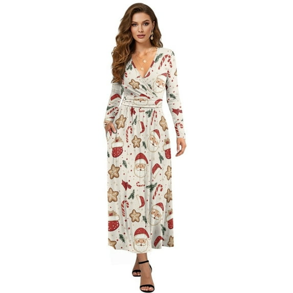 FKELYI Womens Long Sleeve Maxi Dress Christmas Santa Claus Gingerbread Man Print Soft V-neck Casual Dress with Pocket Fall Dresses for Spring Winter, 3XL