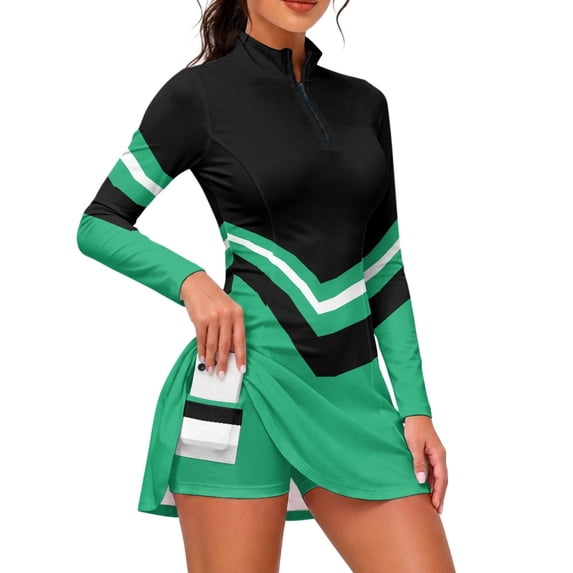 ZIATUBLES Womens Tennis Golf Dress with Shorts, Long Sleeve Quarter Zipper Stand Collar Workout Athletic 2 Piece Sets Lightweight Sports Outfits, Black Green Chevron Color Block Print, Size S