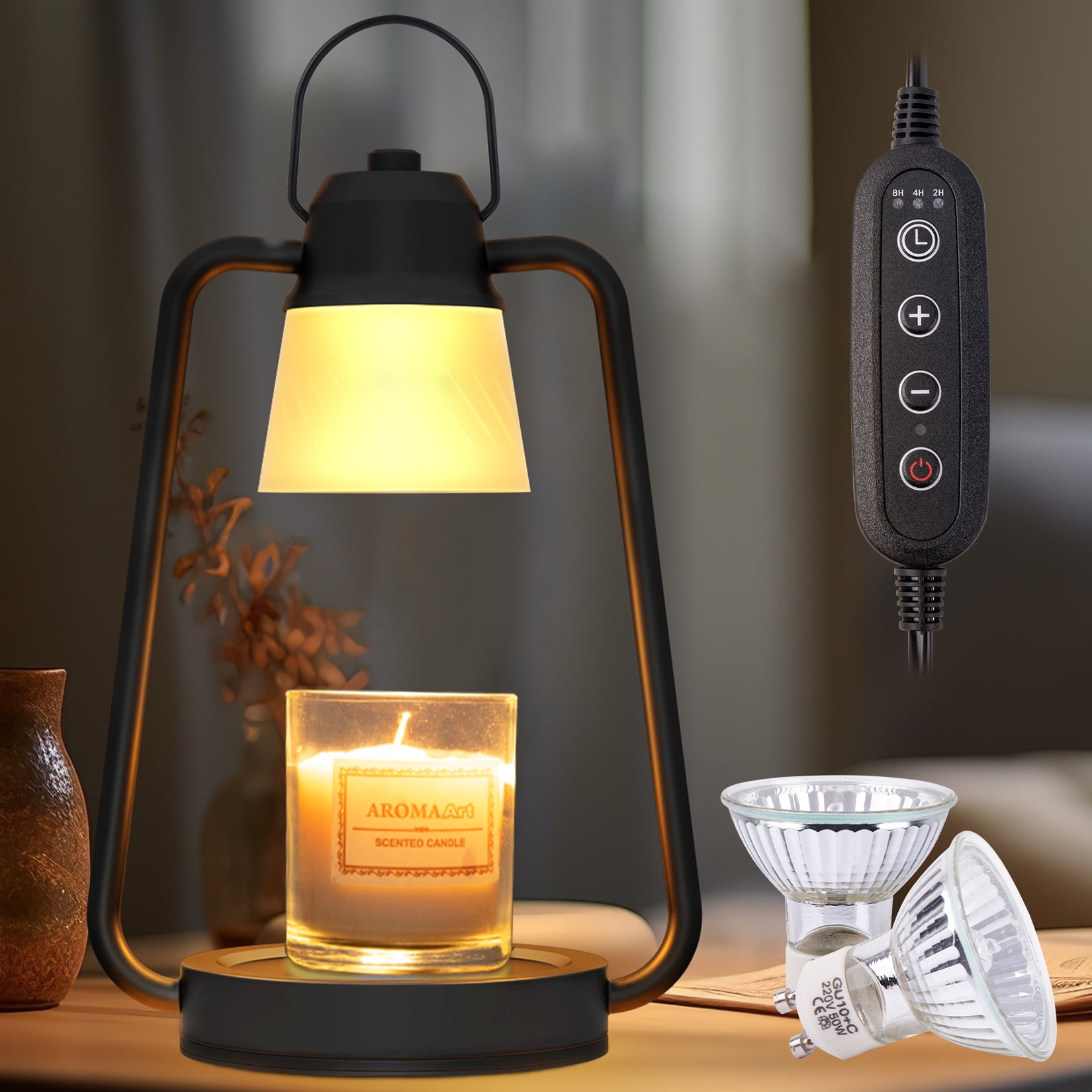 Electric Candle Warmer Lamp With Timer - Adjustable Height, Dimmable, 2 Bulbs, For Jar Candles Up To 6.1 Inches, Black