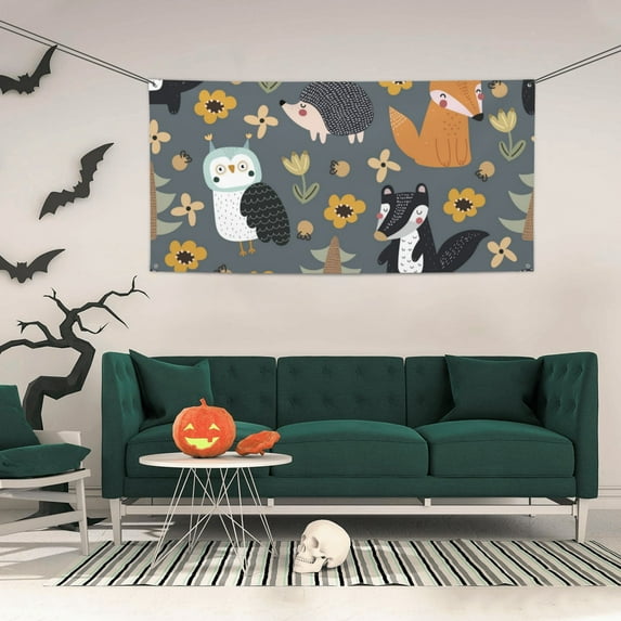 ZICANCN Banner Yard Signs, Cartoon Fox Owl Hedgehog Tree Party Wall Decor for Indoor Outdoor Room, Small Size