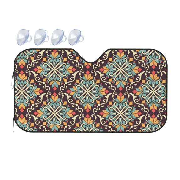 ZICANCN Car Sun Shades Front Windshield, Traditional Floral Morocco Form Automotive Front Window Sun Shield Visor, Medium Size