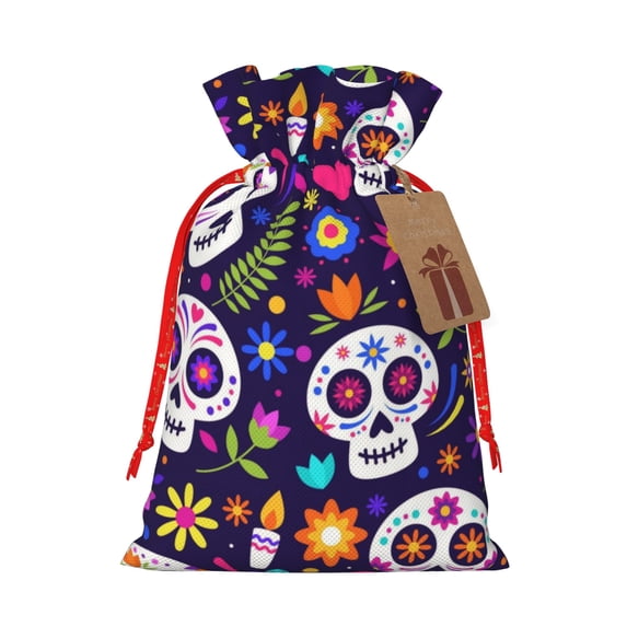 ZICANCN Christmas Gift Bags, Traditional Purple Mexican Skull Reusable Fabric Drawstring Storage Bags with Drawstring, Small Size