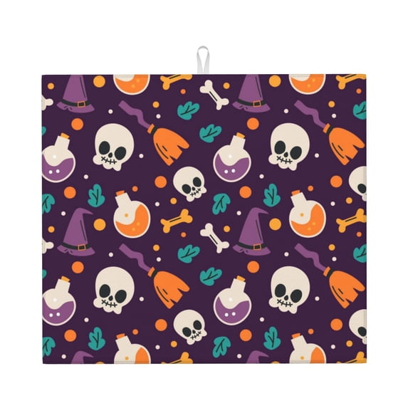 ZICANCN Dish Drying Mat for Kitchen Countertop, Purple Halloween Hat Skull Drainer Mats with Non-slip Rubber Backed, Super Absorbent Easy Clean Rack Pad, 16x18 Inches