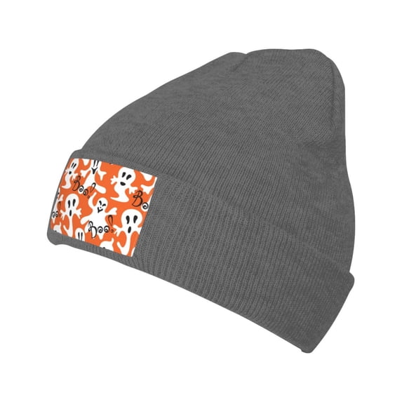 ZICANCN Halloween Holiday Orange Ghosts Knit Beanie Hat, Winter Cap Soft Warm Classic Hats for Men Women, Deep Heather