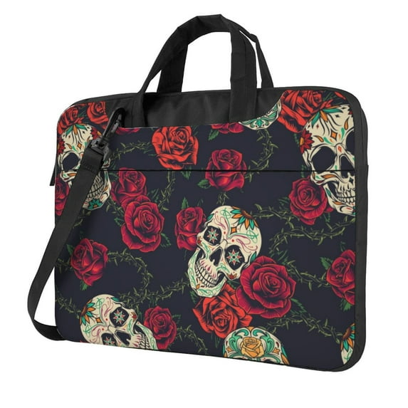 ZICANCN Laptop Case 14 inch, Skull Arounding Rose Work Shoulder Messenger Business Bag for Women and Men
