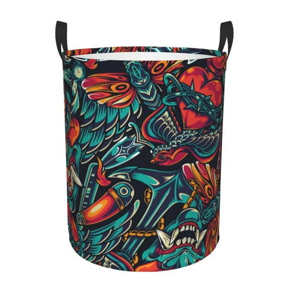 ZICANCN Laundry Basket Organizer, Vintage Tattoos Devil Colorful Horns Collapsible Hamper for Bathroom Bedroom Laundry Room, Medium Size