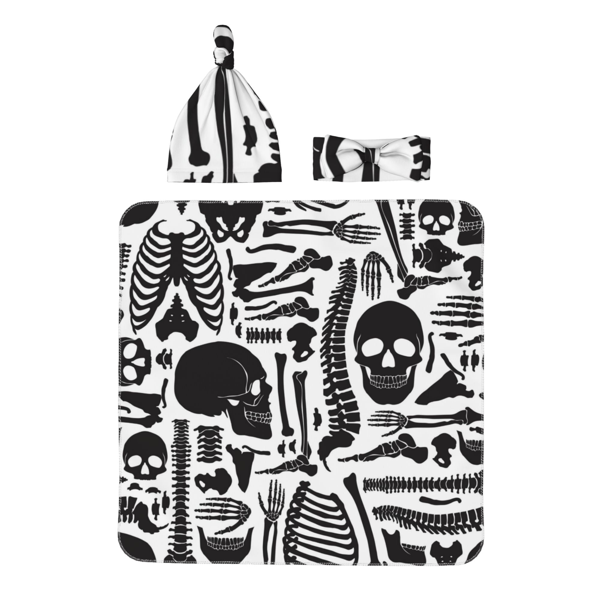 Baby Swaddle Blanket With Beanie Hat - Vintage Skeleton Ouija Black Pattern Newborn Set