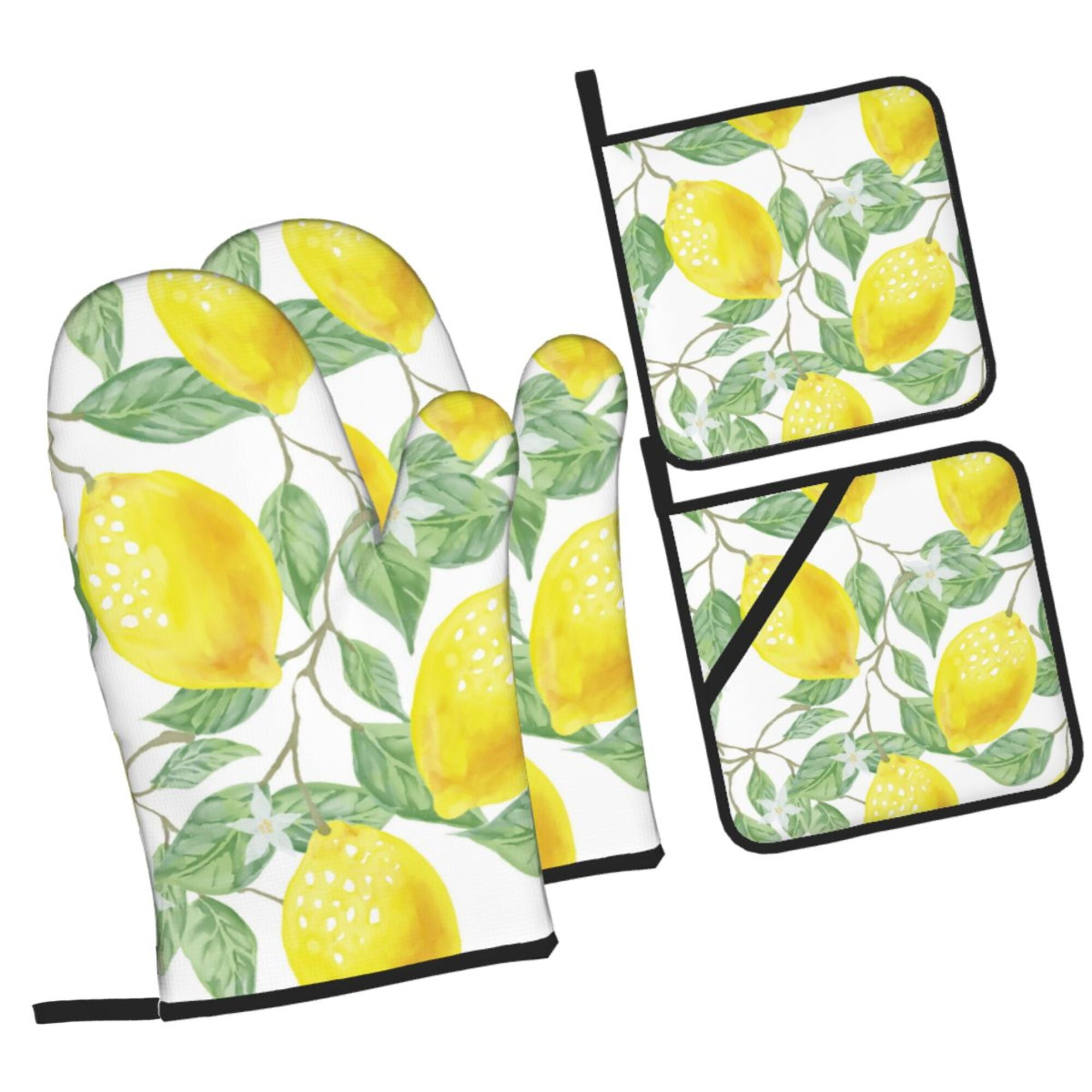 Lemon Print Yellow Cotton Oven Mitts and Pot Holders Set