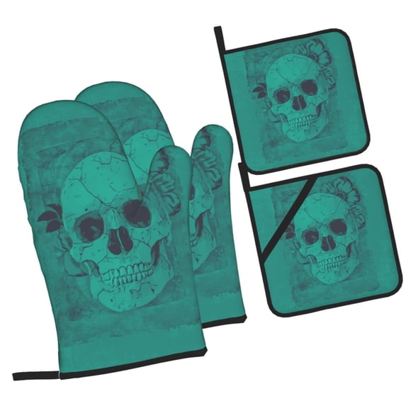 ZICANCN Oven Mitts and Pot Holders Sets, Vintage Cupid Skull Green Pattern Baking Sets Kitchen Heat Resistant 4 Pieces