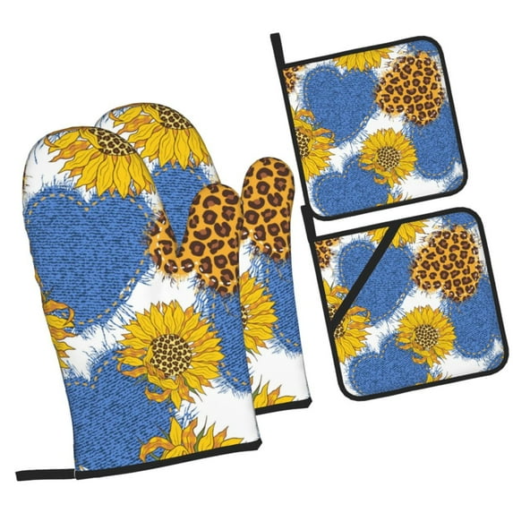 ZICANCN Oven Mitts and Pot Holders Sets, Vintage Hearts Sunflowers Baking Sets Kitchen Heat Resistant 4 Pieces
