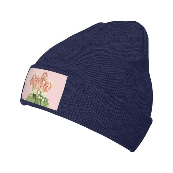 ZICANCN Pink Cactus Plant Knit Beanie Hat, Winter Cap Soft Warm Classic Hats for Men Women, Navy Blue