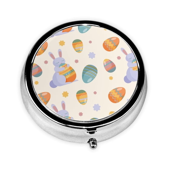 ZICANCN Round Pill Box Organizer with 3 Compartment, Colorful Easter Festival Bunny Portable Travel Pill Cases for Pocket or Purse