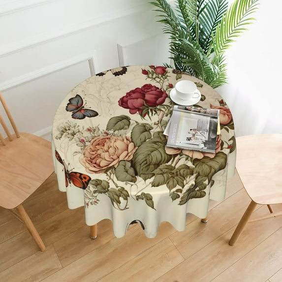 ZICANCN Round Table Cloths 60 Inch, Roses Butterflies Table Cover Waterproof Washable Outdoor Picnic Tablecloth