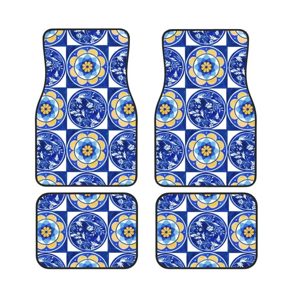 ZICANCN Waterproof Car Floor Mats Full Set, Vintage Floral Blue Checkered Automotive Carpet Mats for Vehicle Trucks Suv, 4 Pieces