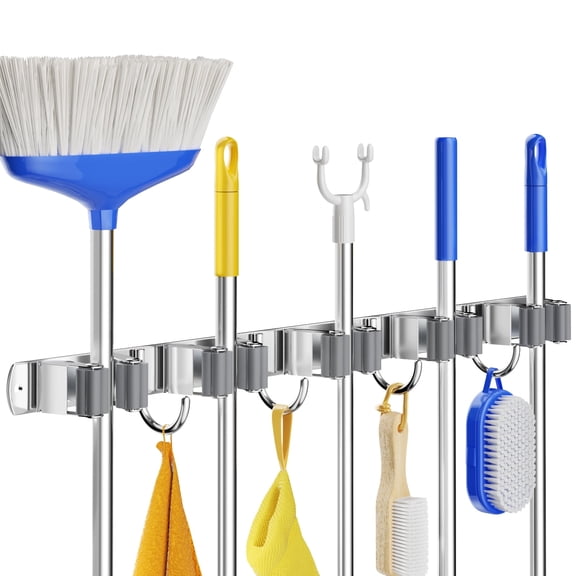 ZICANYCO Broom Mop Holder Wall Mount, Heavy Duty Stainless Steel Mop Organizer with 5 Clamps and 4 Hooks, Wall Mounted Cleaning Tool Storage Rack for Home, Garage, Laundry Room and Garden