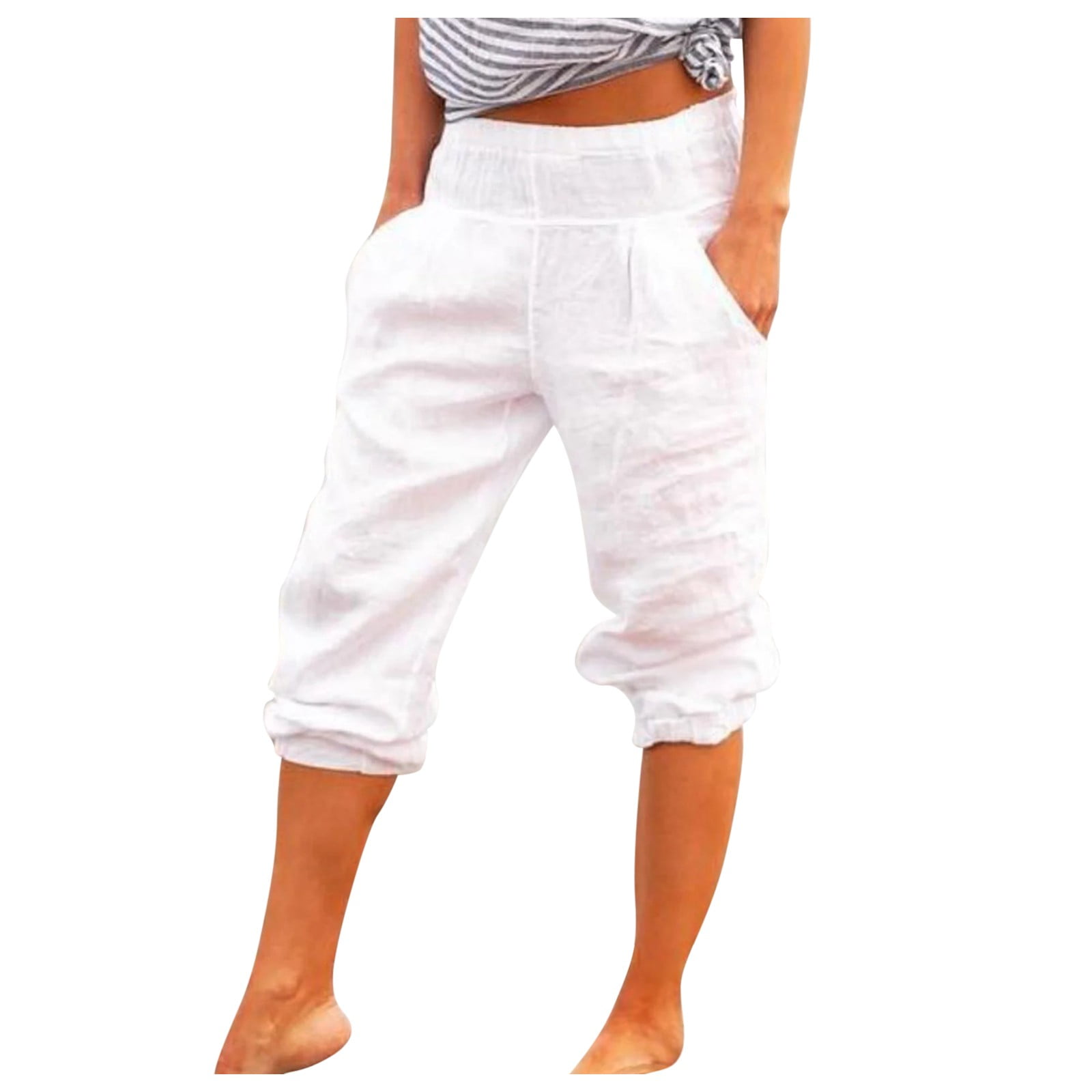 ZICTH Capri Pants for Women Casual Solid Pocket Cotton and Hemp Cropped ...