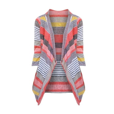 ZICTH Cardigans for Women Casual Striped Stitching Seven Part Sleeve Cardigan Jacket Top Cardigan Sweaters