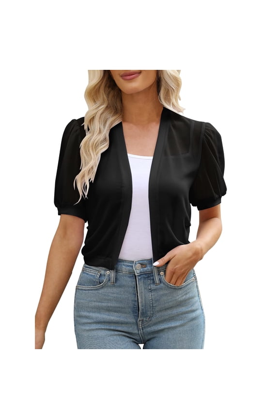 Cardigans for Women Puff Sleeve Bolero Open Front Summer Cropped Sheer Jackets Cardigan Sweaters