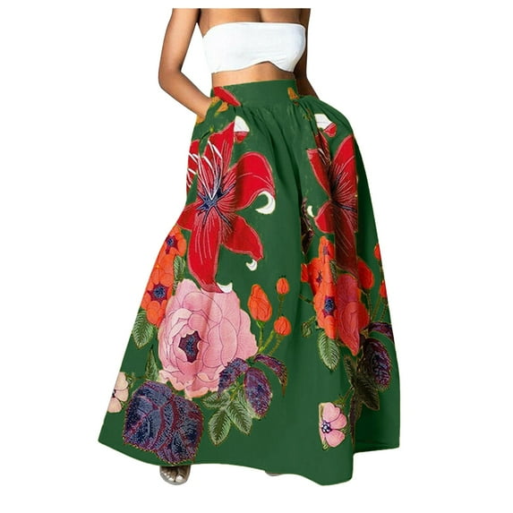ZICTH Floral Print Skirt for Women Trendy Summer High Waist Beach Long Maxi Skirt with Pockets