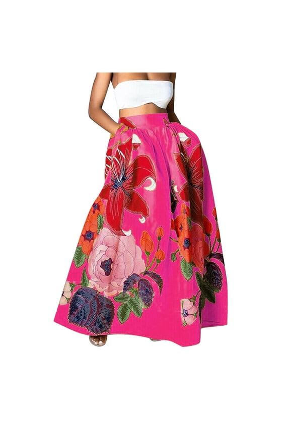 Floral Print Skirt for Women Trendy Summer High Waist Beach Long Maxi Skirt with Pockets