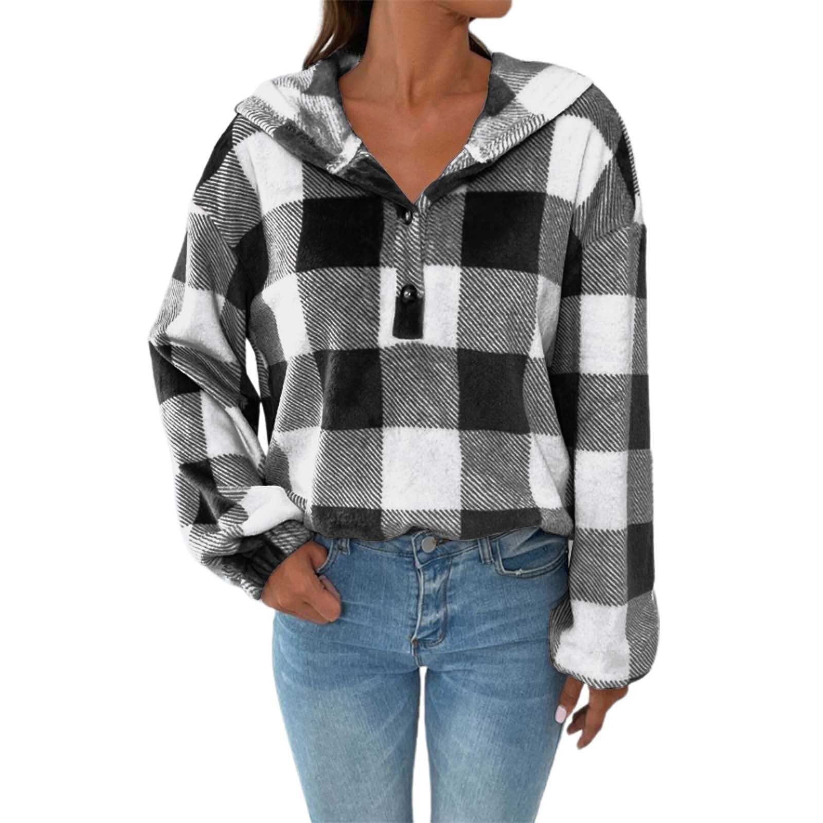 Plaid Quarter Button Dropped Shoulder Hoodie