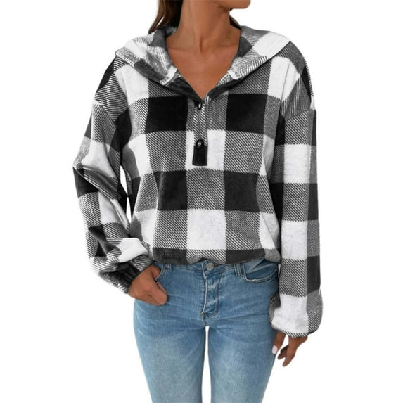 ZICTH Hoodies for Women Trendy Gingham Half Button Drop Shoulder Hoodie Casual Plaid Shacket Button Down Long Sleeve Sweatshirts Women