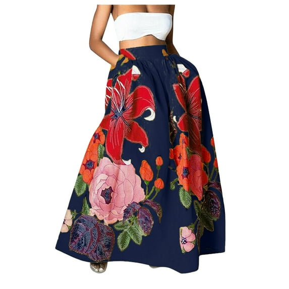 ZICTH Maxi Skirts for Women with Pockets Long Midi Length Casual Skirt for Beach Party Holiday