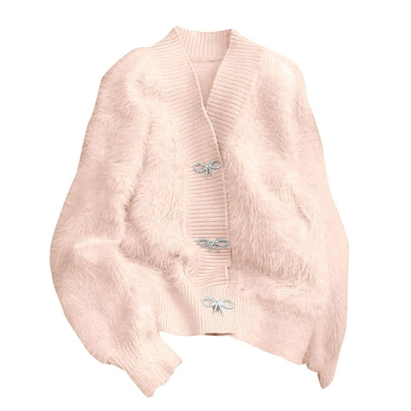 ZICTH Plus Size Cardigans for Women Rhinestone Bow Fluffy Long Sleeve V Neck Crop Cardigan Sweater Womens Cardigan Trendy