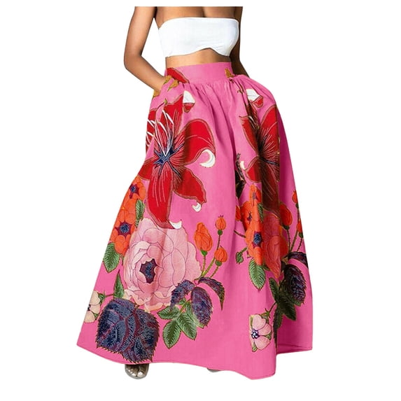 ZICTH Womens High Waist Long Maxi Skirt with Pocket Summer Beach Boho Floral Print Skirt for Women