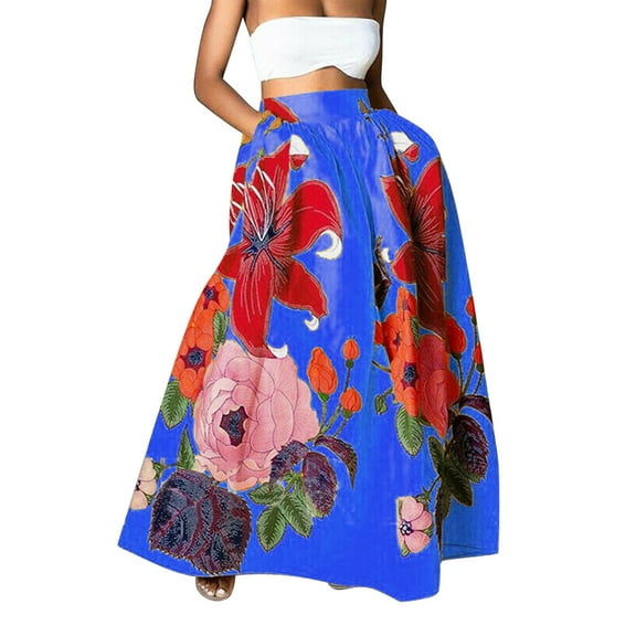ZICTH Womens High Waist Long Maxi Skirt with Pocket Summer Beach Boho Floral Print Skirt for Women